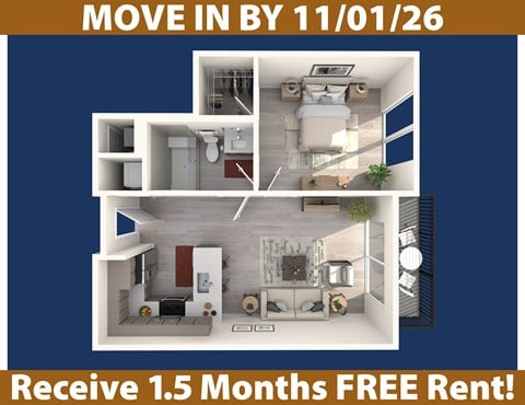 Floor plan for 1 bed, 1 bath, 722 sqft